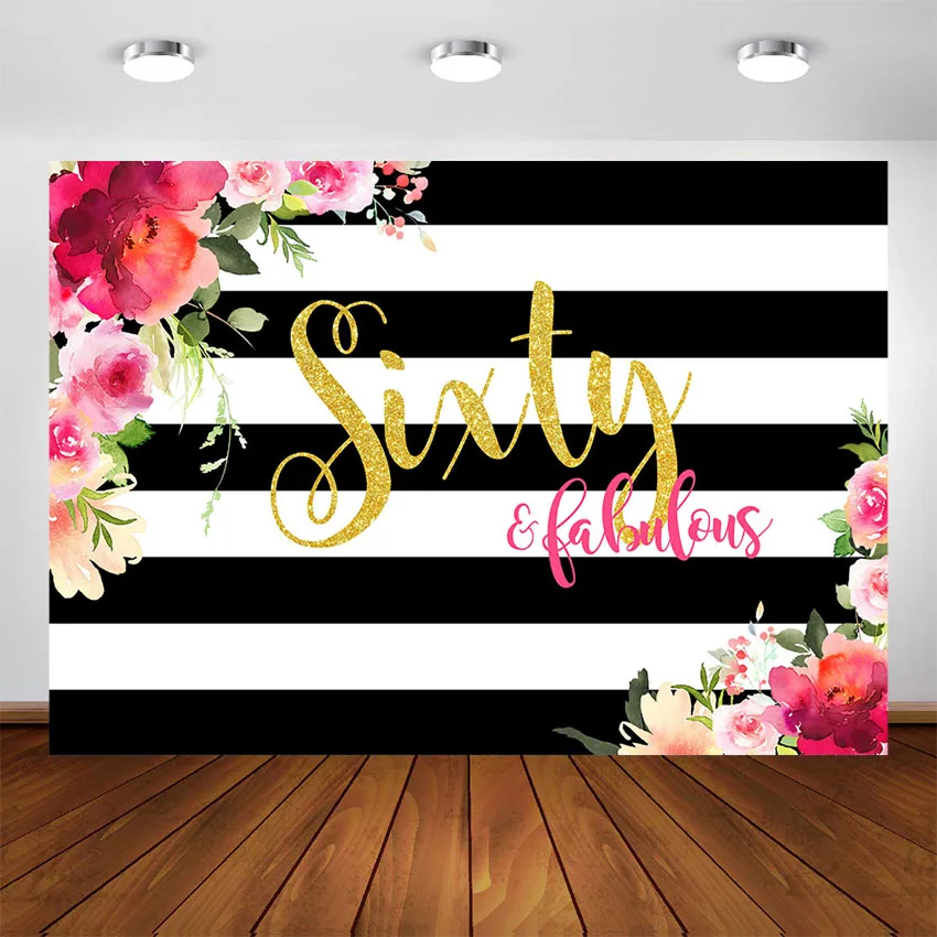 Fondo de rayas de flores para mujer, telón de fondo de 40 °, 50 °, 60 ° cumpleaños, fotografía de fiesta de cumpleaños