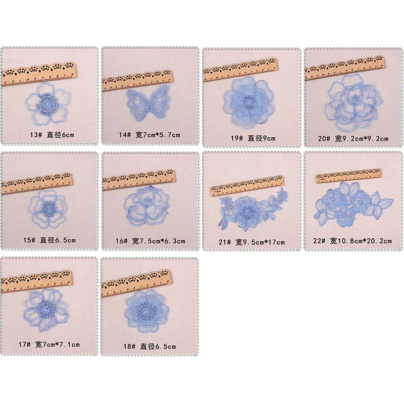 Smoky Blue Lace Embroidered Patches Sew Iron on Clothes Organza Flower Butterfly Applique Sticker Iron-on Transfers for Clothing