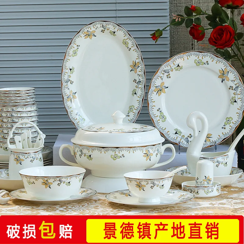 High grade bone china tableware set 60 head Jingdezhen Ceramic tableware set