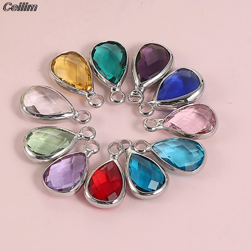 10pcs 14mm Crystal Birthstone Charms Silver Plated Small Water Drop Pendants Jewelry Accessories for Handmade Bracelet Making