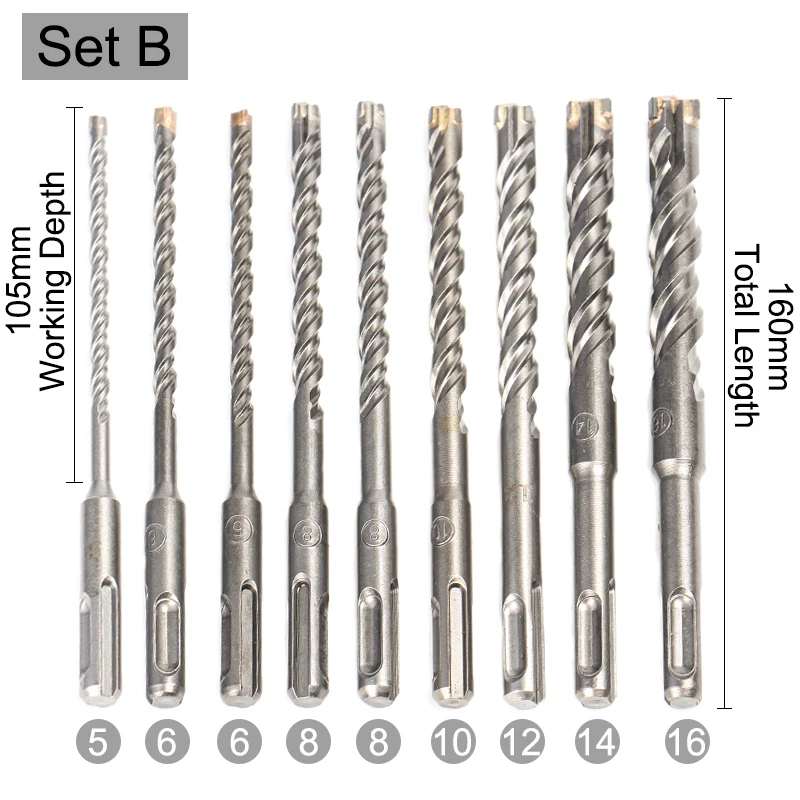 5-16Mm 9Pcs SDS Plus Shank 160Mm Listrik Palu Bor Bit Set Cross Tipe Baja Tungsten paduan untuk Batu Beton Batu