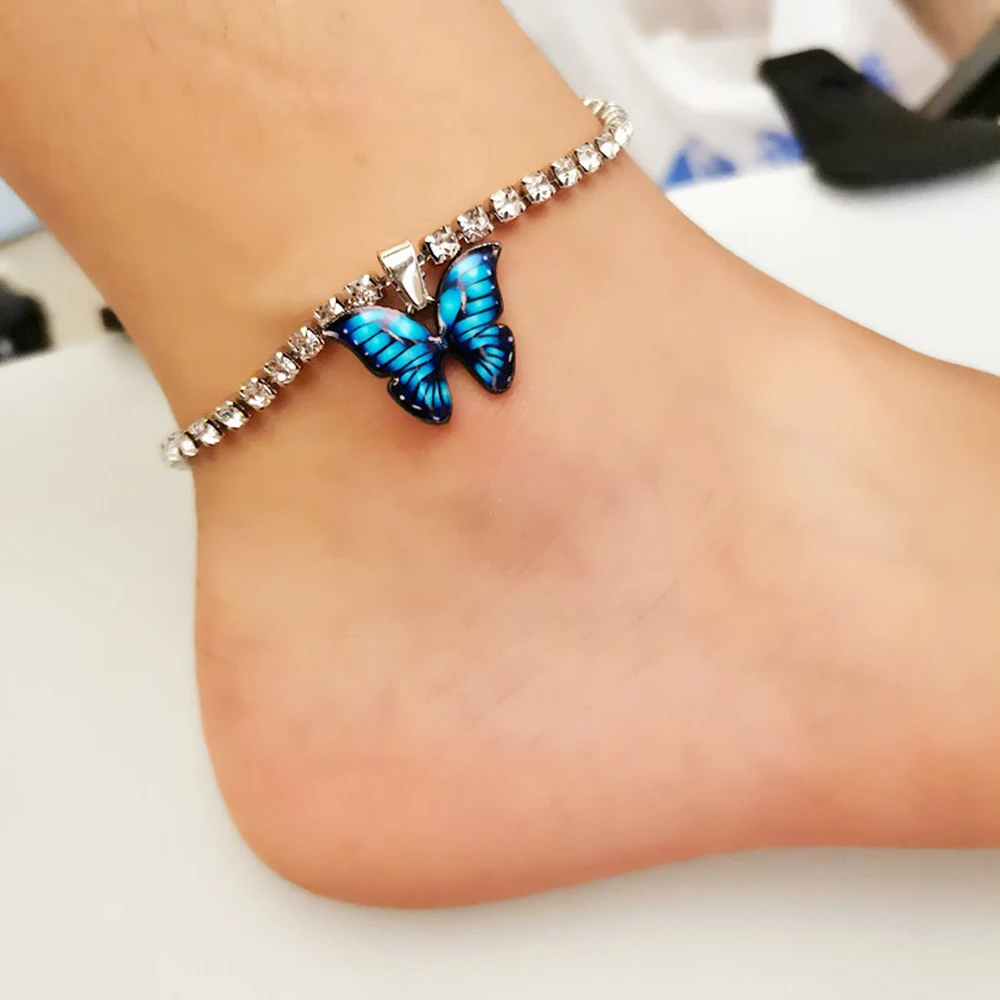 Boho Butterfly Anklets for Women Trendy Rhinestones Chain Ankle Bracelets Silver Color Stainless Steel Goth Accessories Jewelry