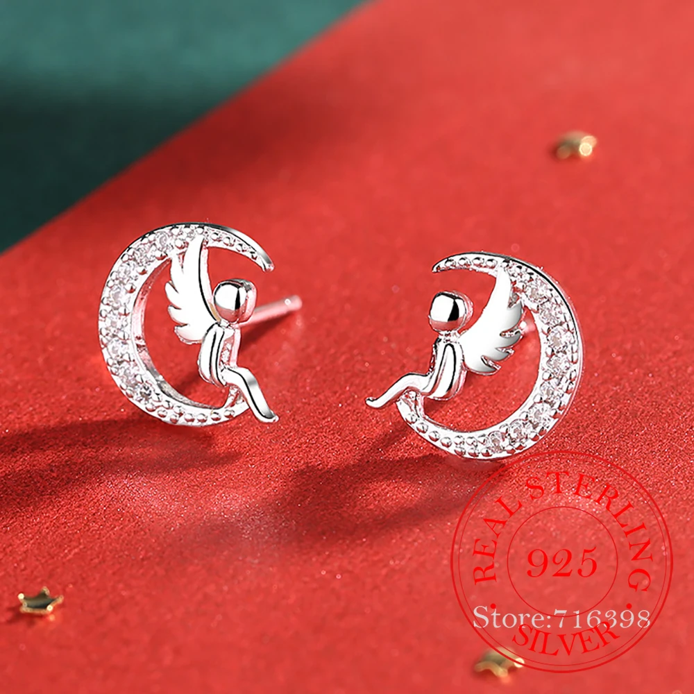 925 Sterling Silver Christmas Gift Crystal Angel Moon Stud Earrings For Women Grils Female pendientes mujer moda