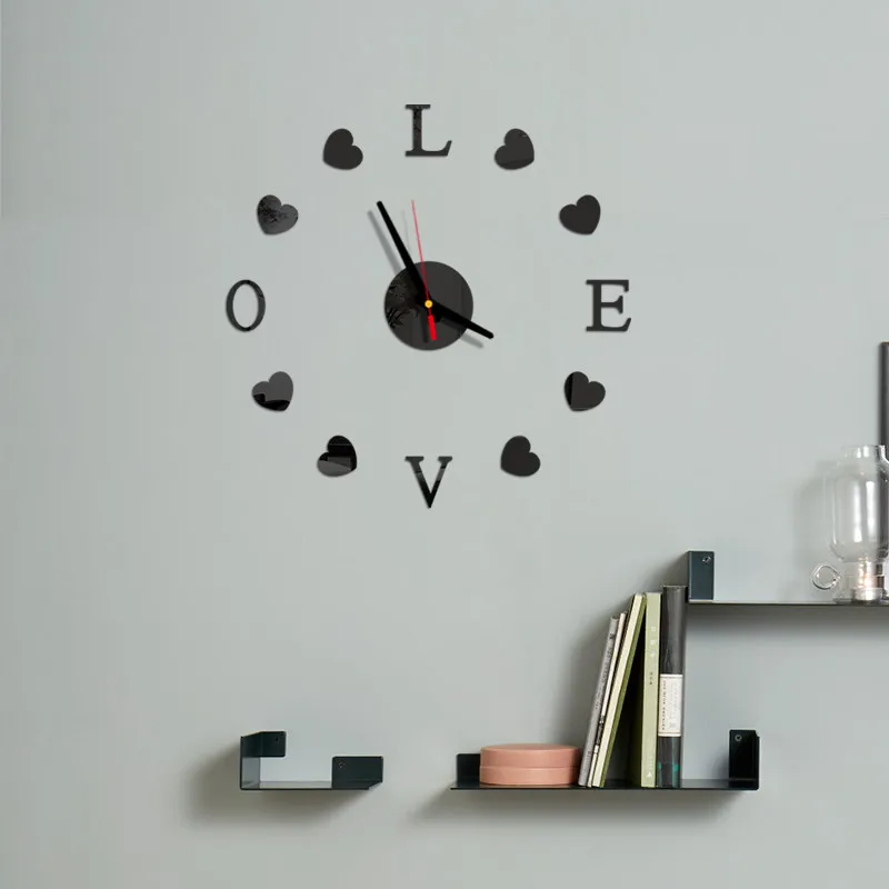 LOVE AND HEART Wall Clock 3D DIY Acrylic Mirror Stickers Clock Watch  Living Room Bedroom Home Decor Large Silent Elreloj Mural