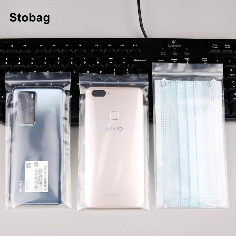 StoBag Ziplock-bolsas de plástico transparente, bolsas selladas, pequeñas, impermeables, gruesas, máscara de teléfono móvil, logotipo al por mayor