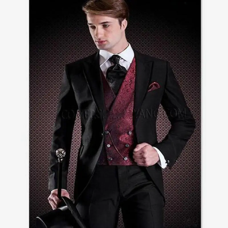 

2024 Black Tailcoat Men Suit Slim Fit 3 Piece Burgundy Floral Vest Tuxedo Costume Homme Groom Wedding Suits Terno Masculino