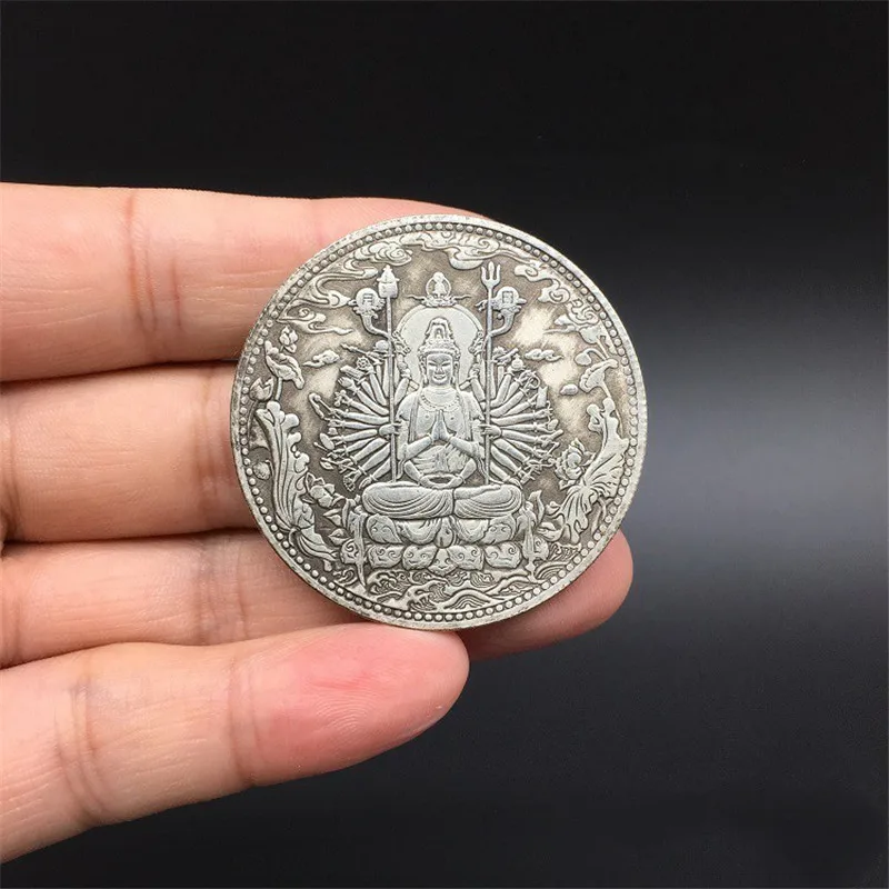 Tibet Silver Ancient Coins Collection Buddhist Thousand Hand Guanyin Heart Sutra Buddha Statue Auspicious Ornament Gift