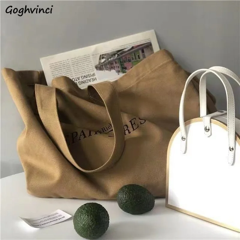 Women Vintage Letter Printed Shopping Bags Canvas Large Capacity Open Portable Shopper All-match Underarm Tote Mori-girl Stylish