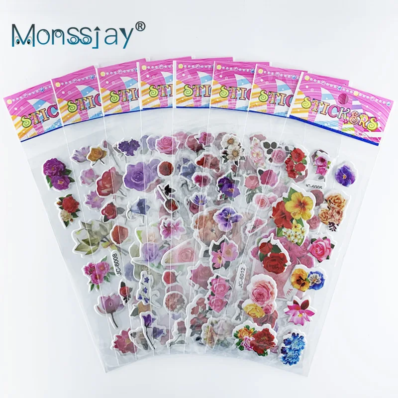 8 Sheets/Pack Pretty Flowers Pattern 3D Puffy Bubble Stickers Cartoon Waterproof DIY Sticker Toys for Children