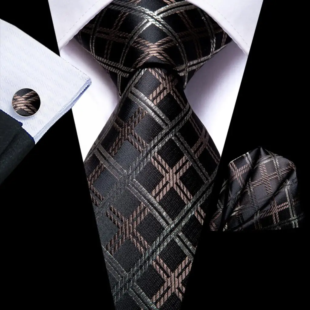 

Hi-Tie Silk Wedding Tie For Men Black Brown Plaid Fashion Designer Handky Cufflink Necktie For Men Business Party Dropshiping