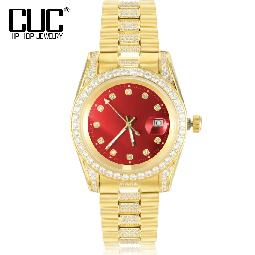 Red Dial Mens Gold Finish Watches Fashion Stainless Steel Mesh Belt Luxury Zircon Quartz Watch Hip Hop Jewelry Relogio Masculino