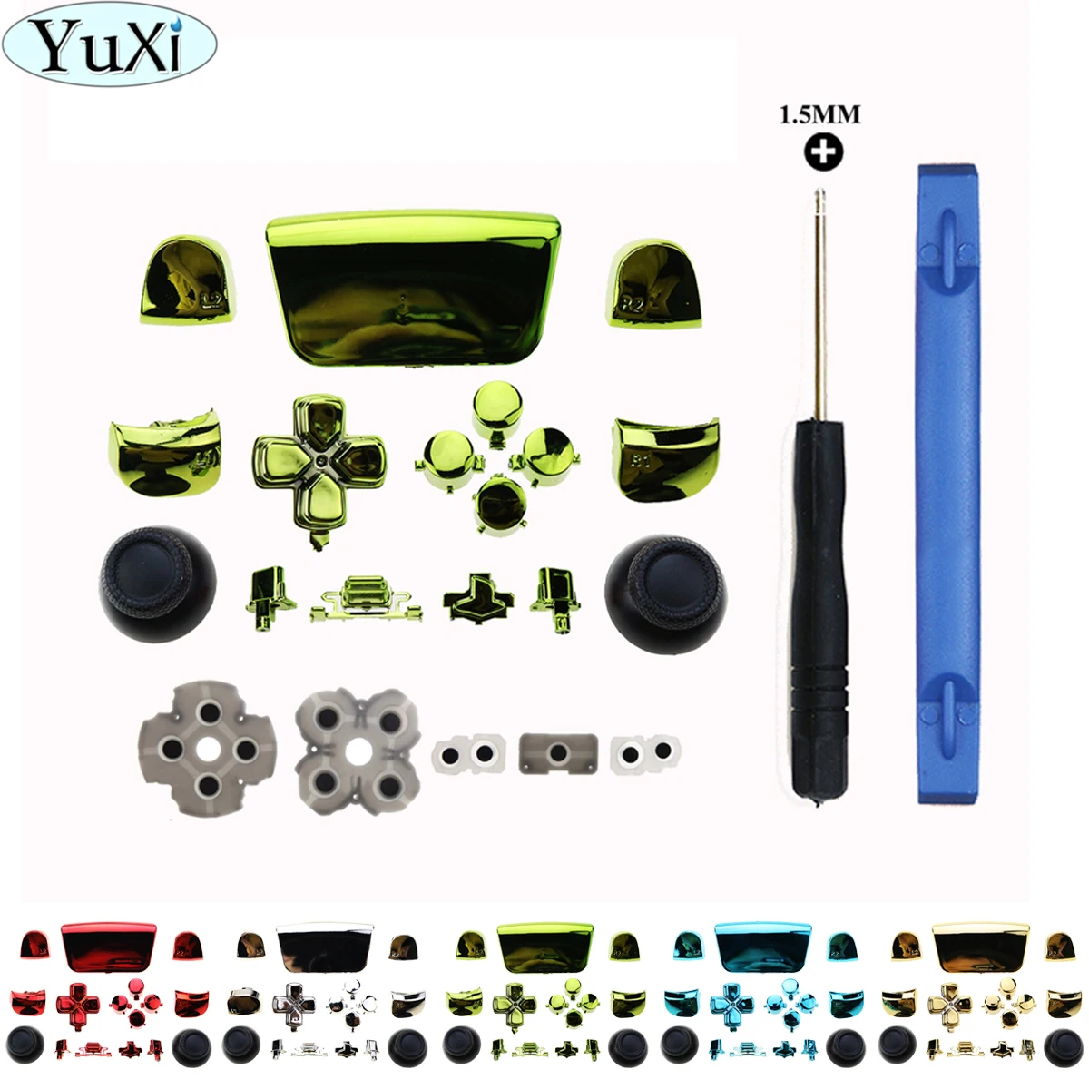 

YuXi D-pad R1 L1 R2 L2 Triggers Share Options Face Chrome Buttons Repair Kits with Tool for PS5 Controller