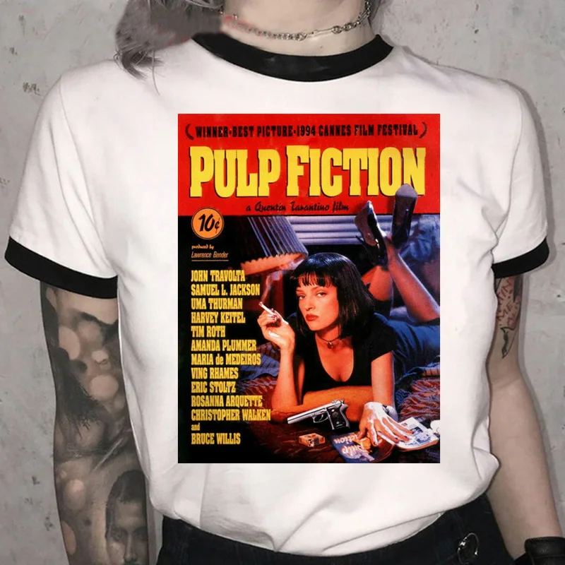 Vintage Pulp Fiction T Shirt Women Summer Harajuku Streetwear Tees Funny Cartoon Graphic Tshirt 90s Korean Unisex T-shir Female