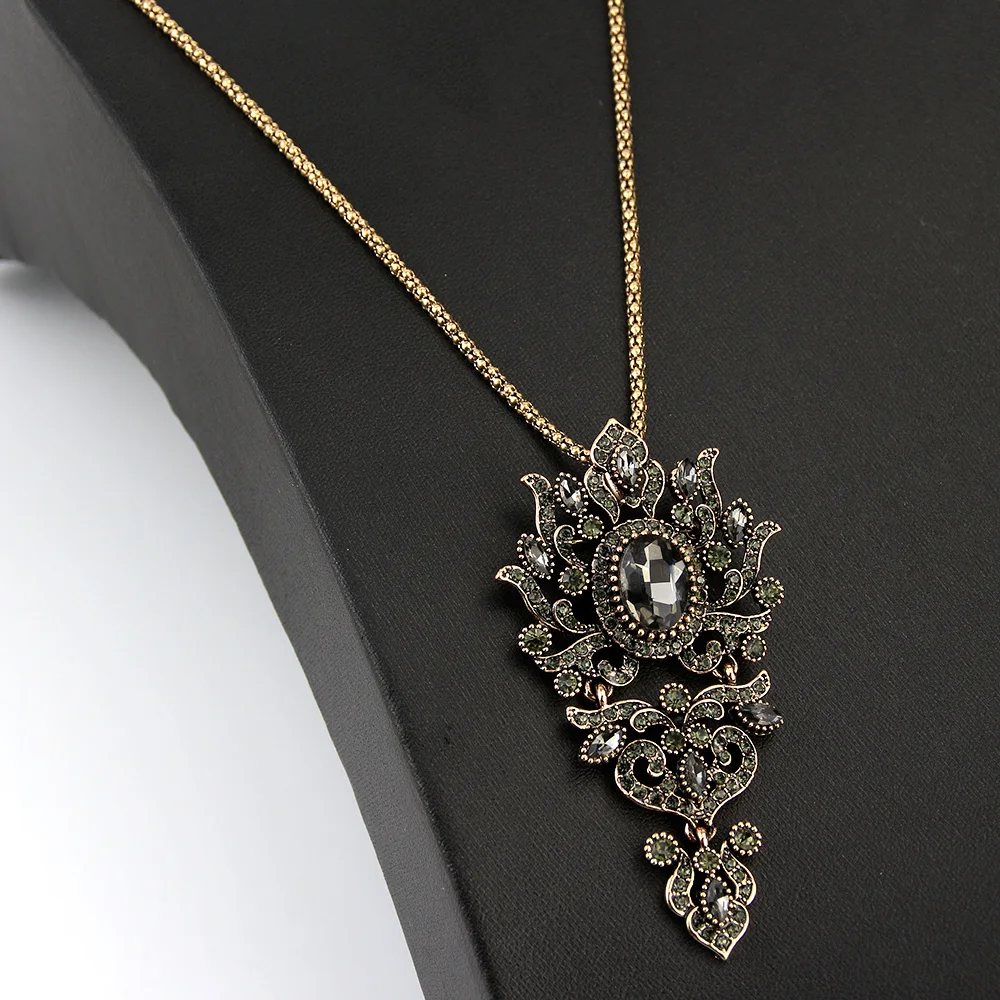 Turkish Women Crystal Necklace Antique Gold Color Gothic Lucky Totem Pendant Necklace Gift Vintage Wedding Jewelry