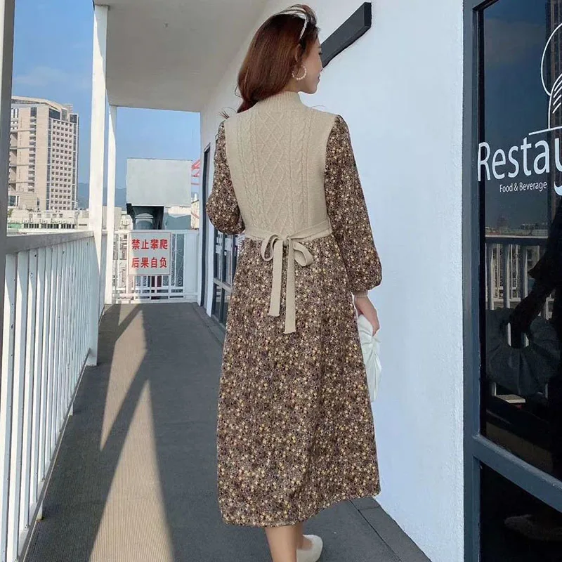 Autumn Women Dress Vintage Corduroy Patchwork Knitted Floral Print Dress Casual Half High Collar Midi Dress A-line Vestidos