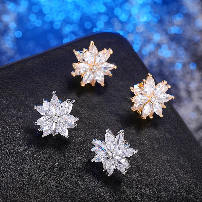 Trendy Luxury Cubic Zircon Crystal Sun Flowers Clip On Earrings Without Piercing for Women Wedding Party Brincos oorbellen 2023