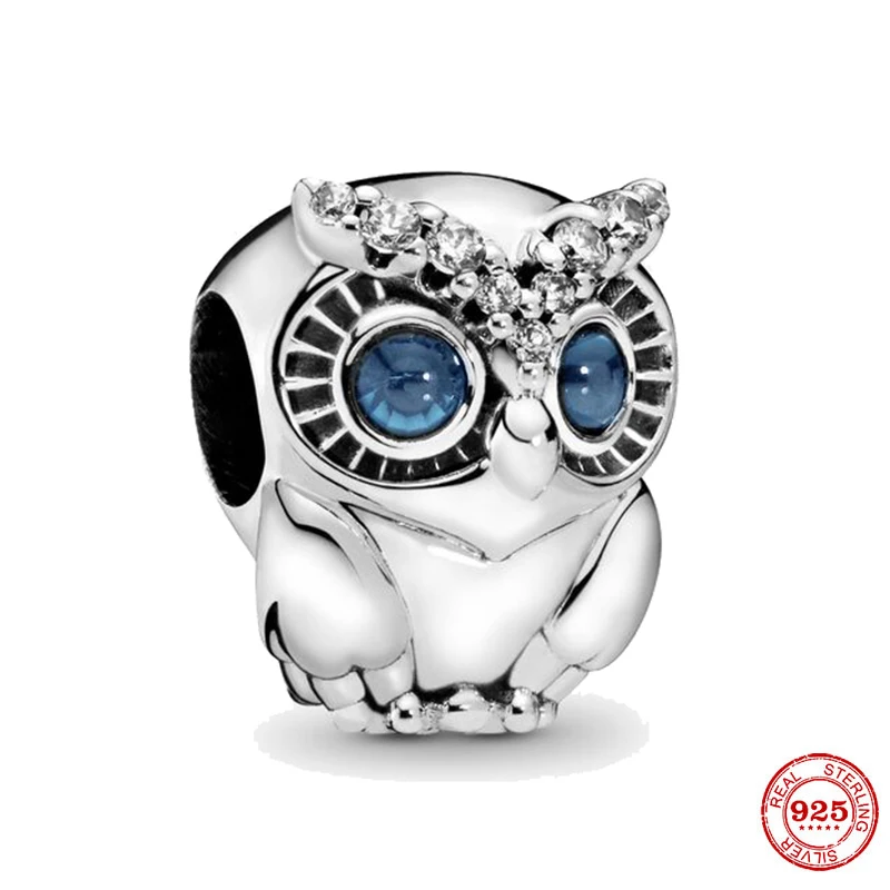 New 925 Sterling Silver Beads Blue Eye Sparkling Owl Charm Fits Original Pandora Bracelets DIY Jewelry Making For Women Gifts