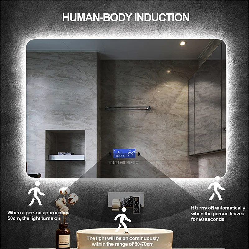 Rectangle Bluetooth Smart Bathroom Makeup Mirror With LED Light Human Body Induction Anti-Fog Backlight Wall Hanging Mirrors