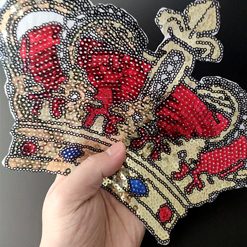 27CM Crown Iron On Patches For Clothing Red Sequins Biker Badge Embroidery Fabric Sequined Patch Clothes Stickers Strange things