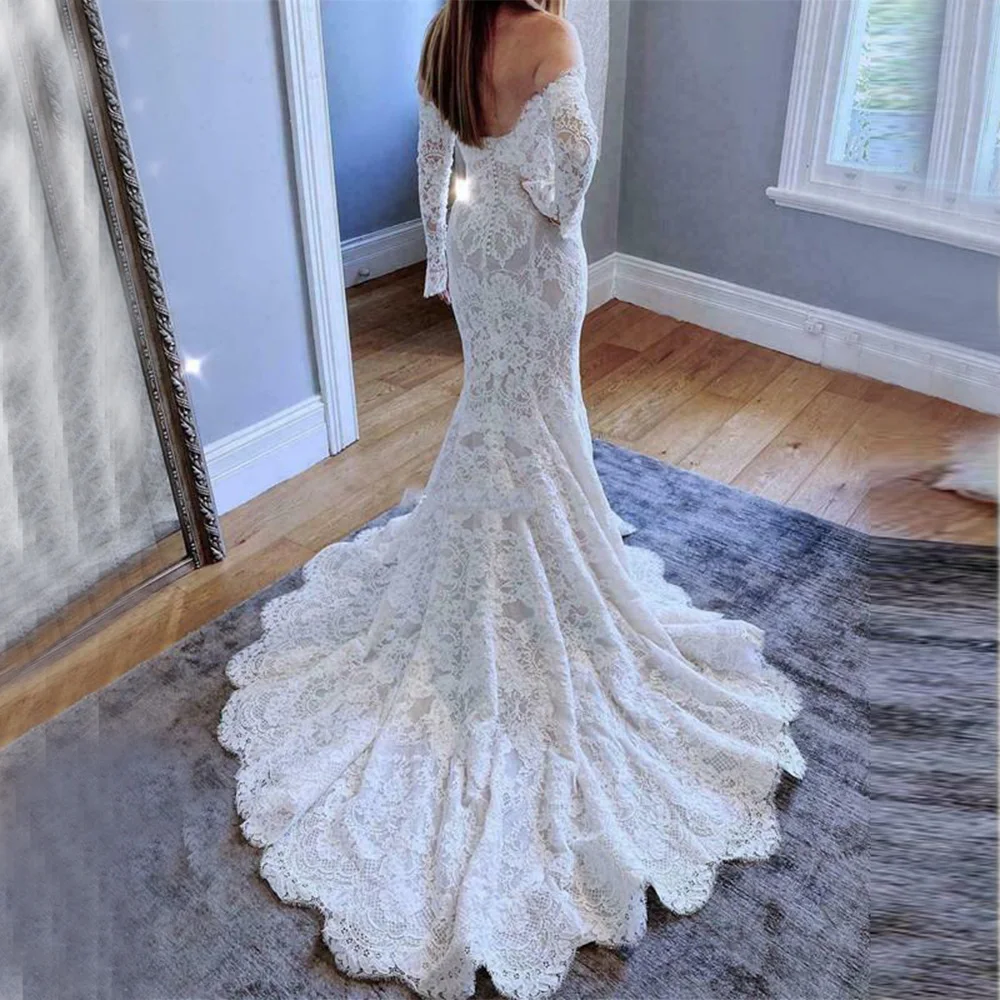 Robe de mariée sirène en dentelle, élégante, col rond, manches longues, dos nu, balayage avec traîne