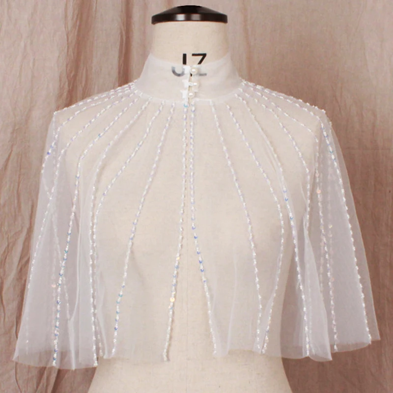 Bridal Luxury High Neck Wedding Cape Female Elegant Illusion Party Shawl Sequin Beaded Tulle Bolero Women Pearl Button Shrug