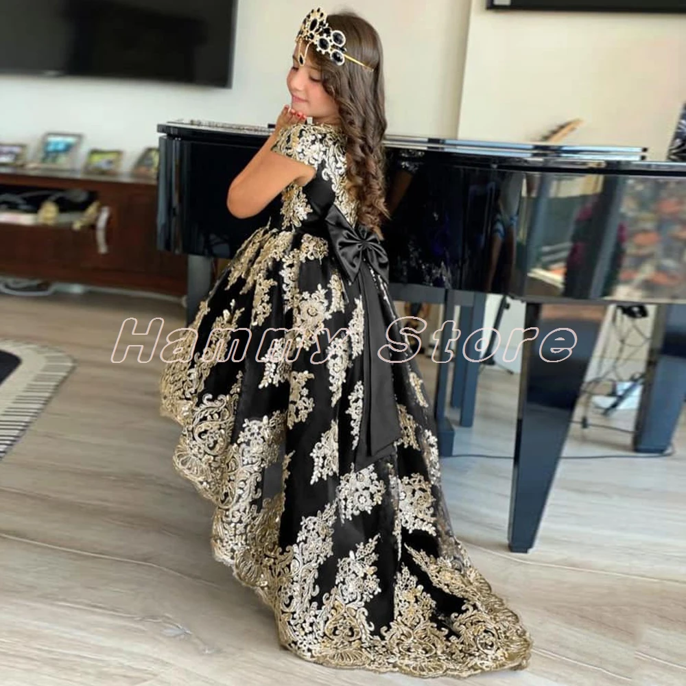 Prinzessin Blume Mädchen Kleid Kurzen Ärmeln Gold Applique Hallo-lo Mädchen Geburtstag Party Kleider Pageant Kleider Hochzeit