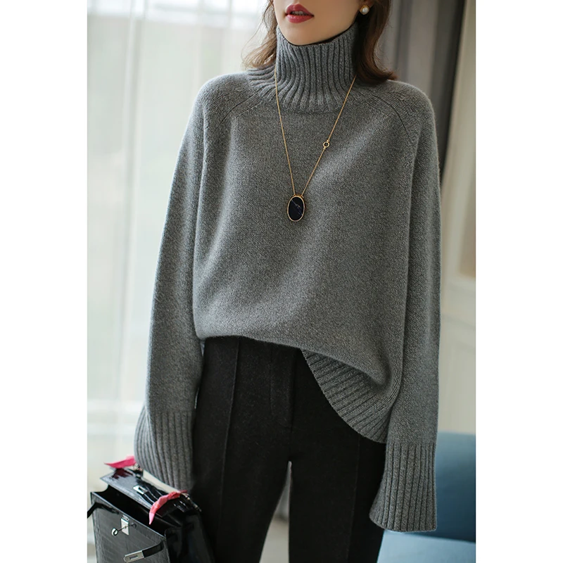 Autumn and winter thickened cashmere sweater women loose turtleneck loose large size solid color knit bottom