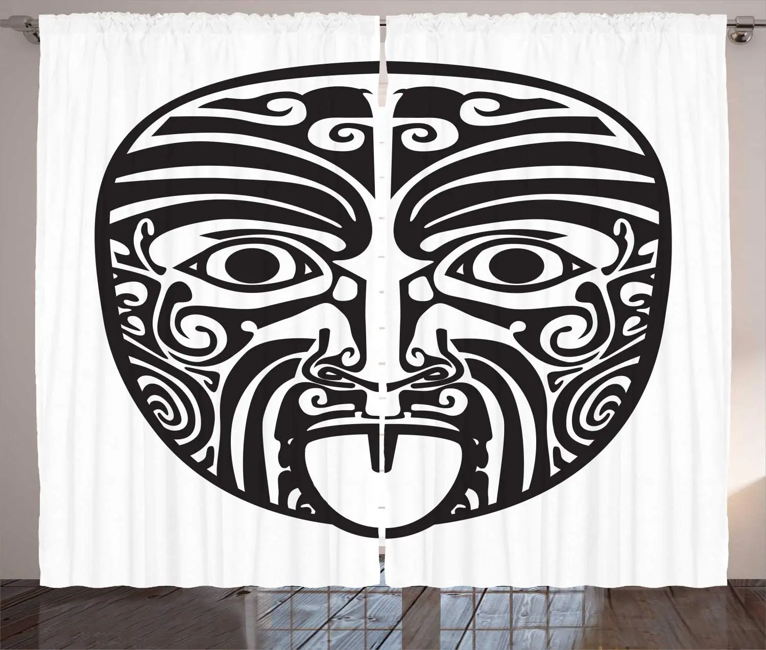 White Charcoal Grey Mask Curtains Monochromatic Ornamental Folkloric Maori Polynesian African Disguise Item Bedroom Window Drap