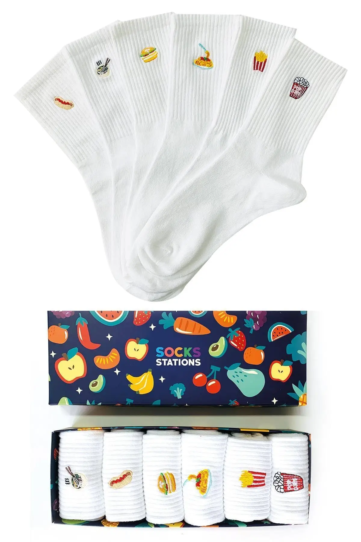 Fastfood Embroideried White Special Series Socks Box 6 Piece