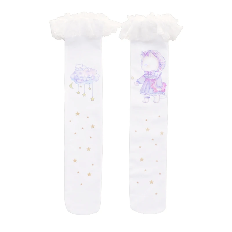 Japanese Lolita cute lace mid-socks Lolita cat knee stockings cute printing student gothic lolita girl cute princess sweet