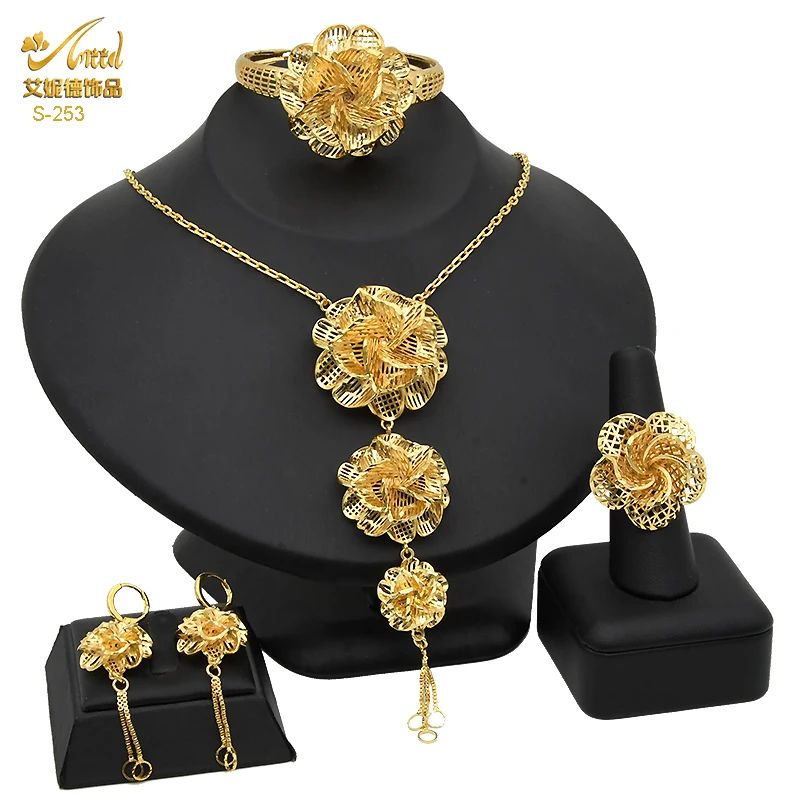 

African Dubai Jewelry Set For Women Ethiopian Gold Color Bridal Wedding Flower Pendant Necklace And Earrings Nigerian Jewellery