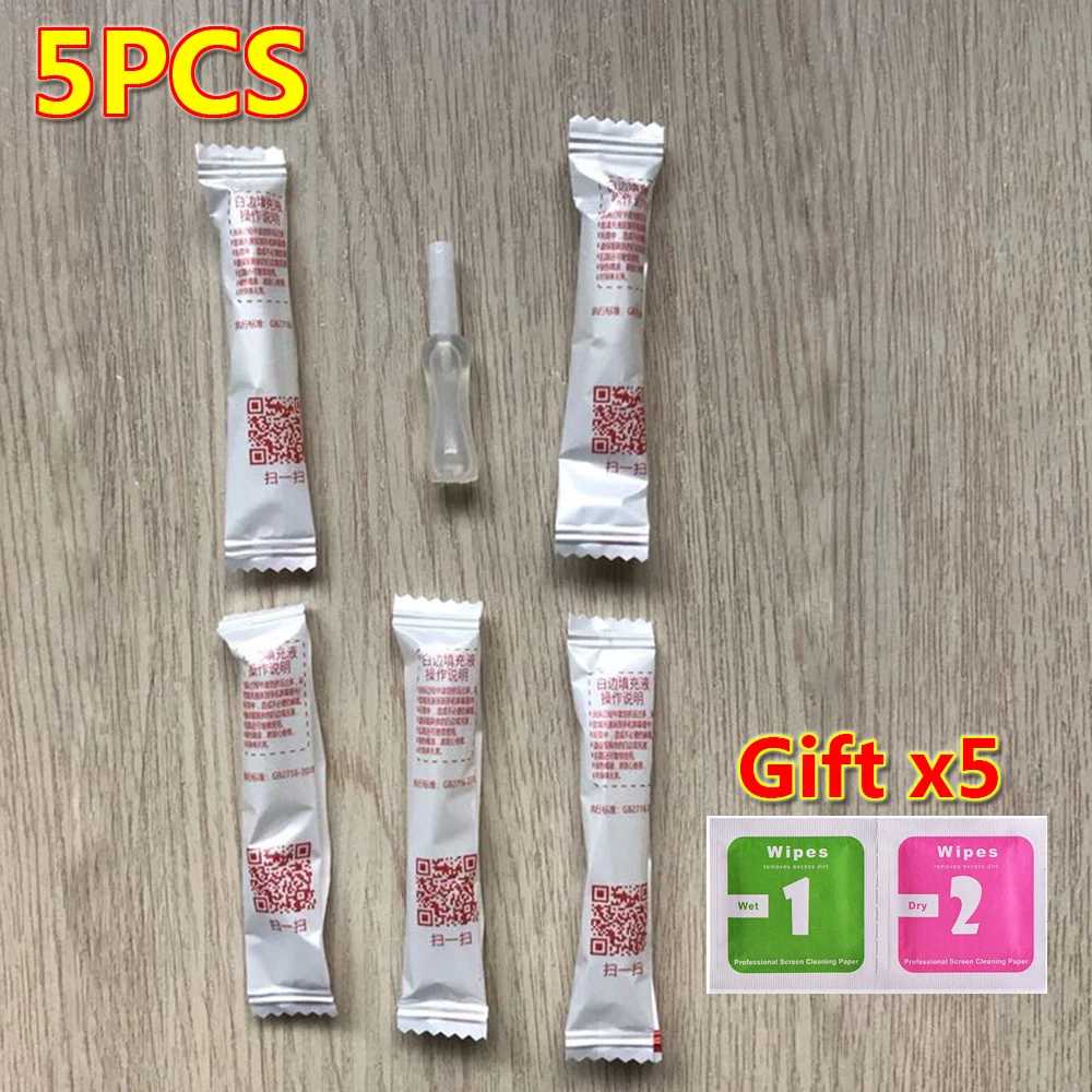 5PCS 2.5D Arc Edge Phone Toughened Glass Film White Liquid Oil Removing Filler Film Sticking Tool White Edge Repairing Liquid