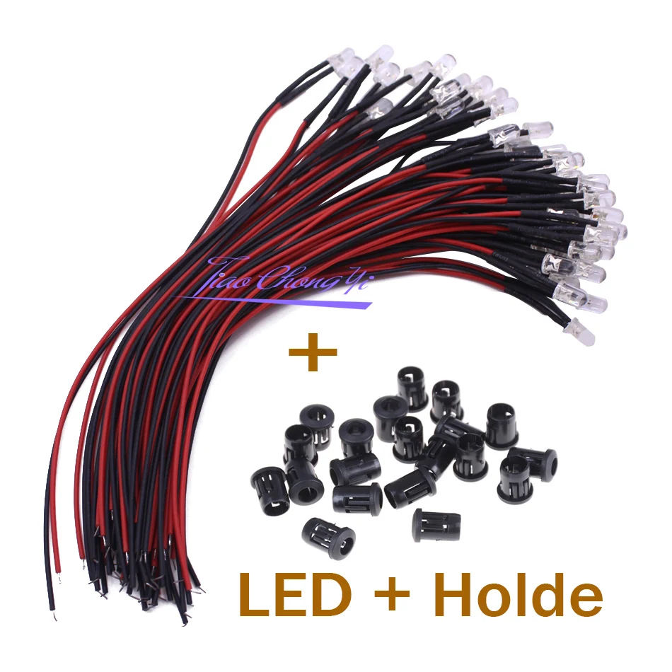 10-100pcs F3mm F5mm LED Red/Green/Blue/RGB white UV Pink DC3-6V Round Pre-Wired Water Clear LED With Plastic Holder