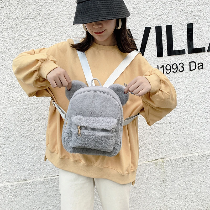 

Mini Backpack For Girls Cute 2022 New Bear Ears Plush Women Backpack Girl Group Faux Fur Shoulders Bag Furry Ladies Bagpack