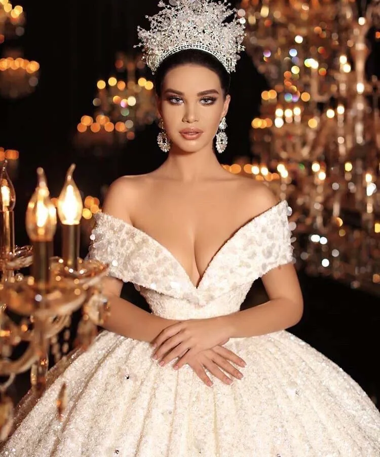 Vestidos de casamento de luxo, fora do ombro, com contas, brilho, vestido de baile, varre, trem, 2020