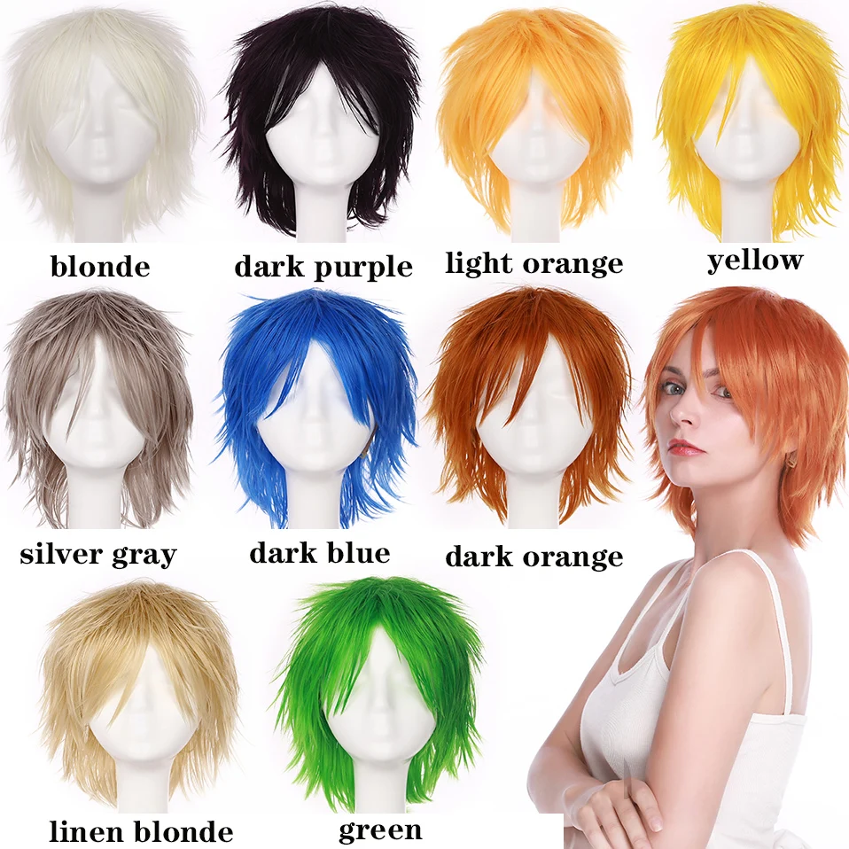 HAIRRO Short Cosplay Wig Red Pink Blue Brown White Grey Hair Wigs Synthetic Straight Costume Wig For Christmas Party