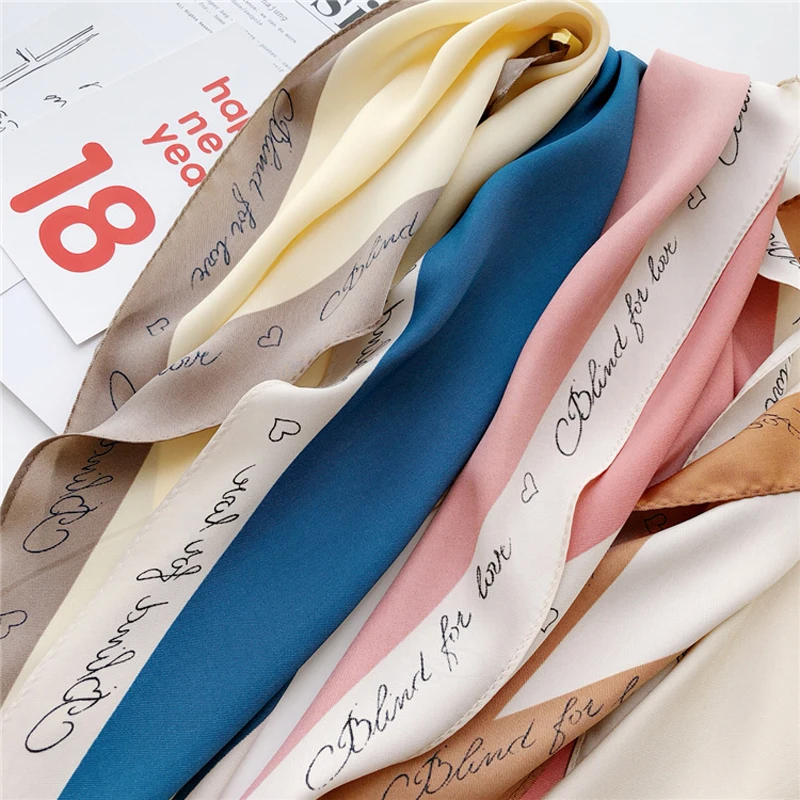 Luna&Dolphin Spring Women Diamond Scarf 110x35cm Letter Print Chiffon Silk Fresh Style Lady Small Headbands Bandana Hair Ribbon