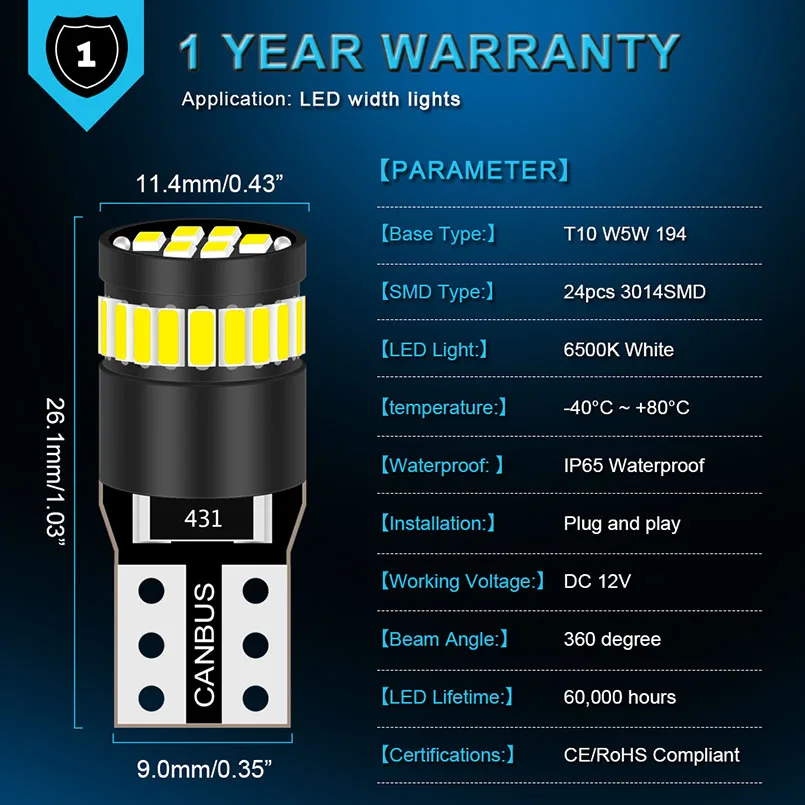 LED 캔버스 전구 168 194 오류 없음 LED 주차 조명, 인테리어 돔 조명, 아우디 BMW 벤츠용 24SMD 3014 화이트 12V, T10 W5W, 2 개