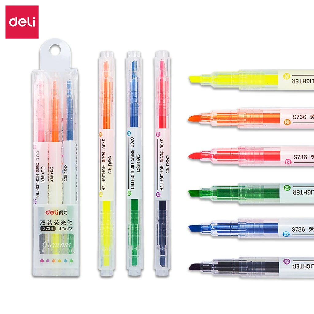 

DELI S736 Twin Tip Highlighter 3Pcs/Bag 6 Colors Cute Pen Double Headed marker Pen Mark Pen Office School Supplies Stationery