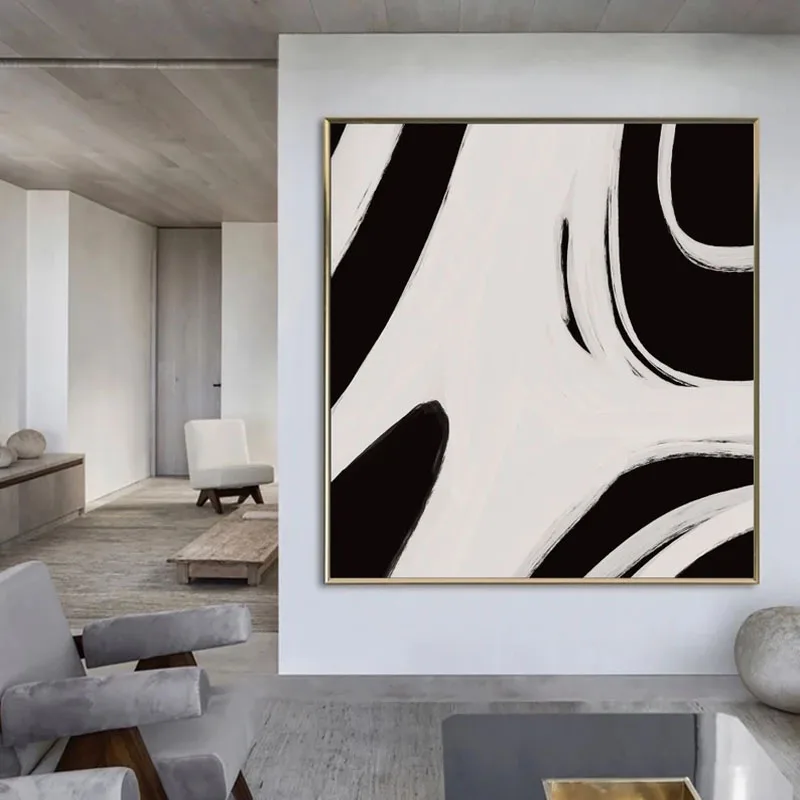 

Modern Handmade Minimalist Wall Art Canvas Painting Abstract Black and White block line Art Wall Picture for Living Room Decor