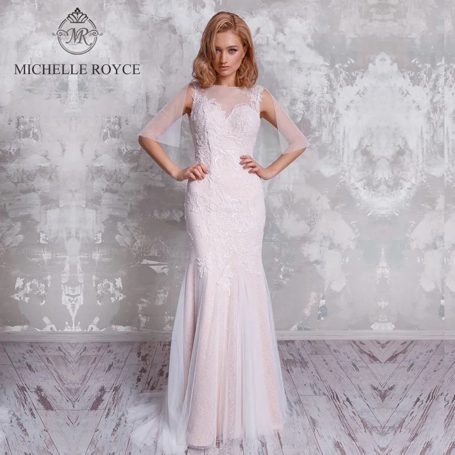 Michella Royce abiti da sposa a sirena 2020 senza maniche Scoop Illusion Backlesst Button Sweep Train abiti da sposa Vestido De Novia