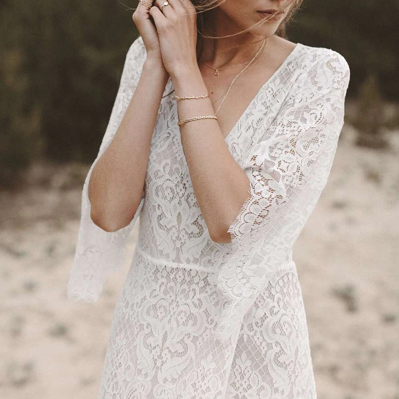 Robe de mariée en dentelle à manches chauve-souris, ligne A, col en V, dos transparent, ventes, drop sunshine, sur mesure, fente haute, robe de patients Boho, plage