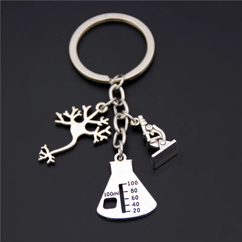 1pc Antique Silver color Microscopes Dortor Charms Pendant Neuron Key Chains Anatomy Key Ring Neurology Jewelry Biology gift