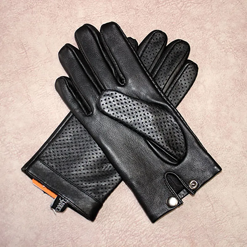 Summer Leather Driving Gloves Men\'s Sheepskin Touch Screen 2021 New Eyelet Breathable Thin Motorcycle Riding Driver Gloves