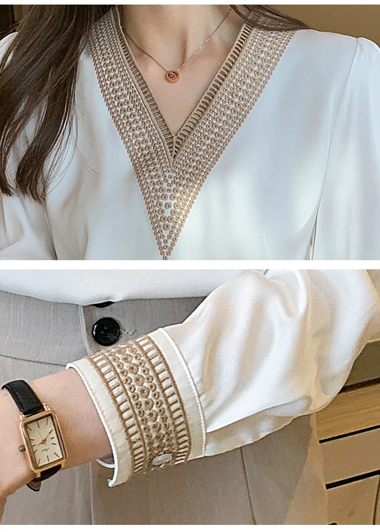 Long Sleeve White Blouse Tops Blouse Women Blusas Mujer De Moda 2024 Embroidery V-Neck Chiffon Blouse Shirt Women Blouses E226