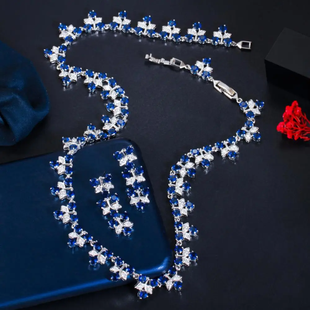 CWWZircons Blue Cubic Zirconia Crystal Leaf Shape Bridal Party Choker Necklace and Earrings Jewelry Set for Wedding Costume T474