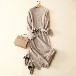 luxury 100% cashmere turtleneck dress long women's fashion winter rhombus pullover