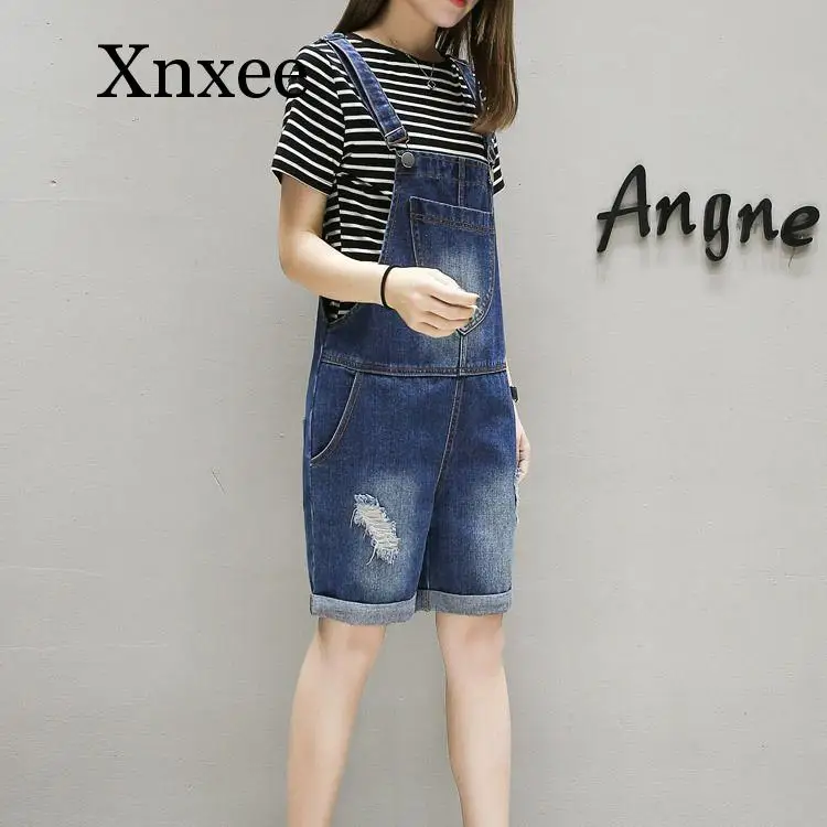 Hole Cute Style 5xl Big Size Jeans Shorts Jumpsuit Wide Leg Straps Denim Shorts Casual Pocket Jean Overalls Ripped Denim Romper