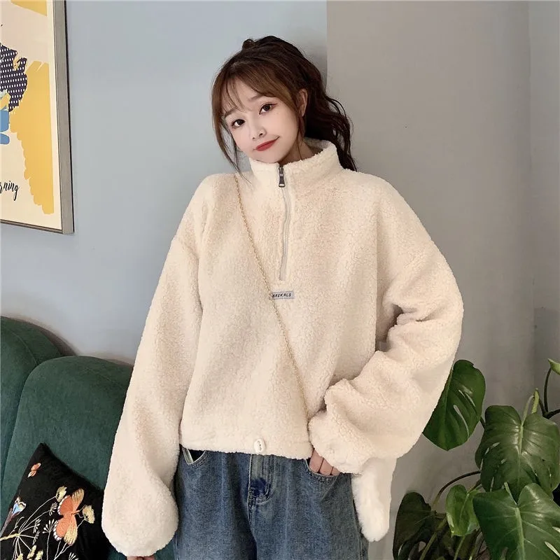 Autumn Clothes High Street Cashmere Thick Warm Sweatshirt Women California Letter Harajuku Embroidery Short Pullover Zipper Neck