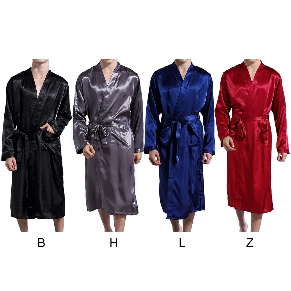 Men Classic Robes Twill Home Clothes Long Robes Pocket Imitation Silk Bathrobe Summer Autumn Sleep Lounge